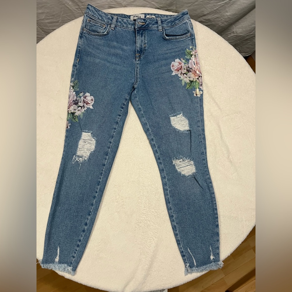 Floral Embroidered and Distressed Blue Jeans